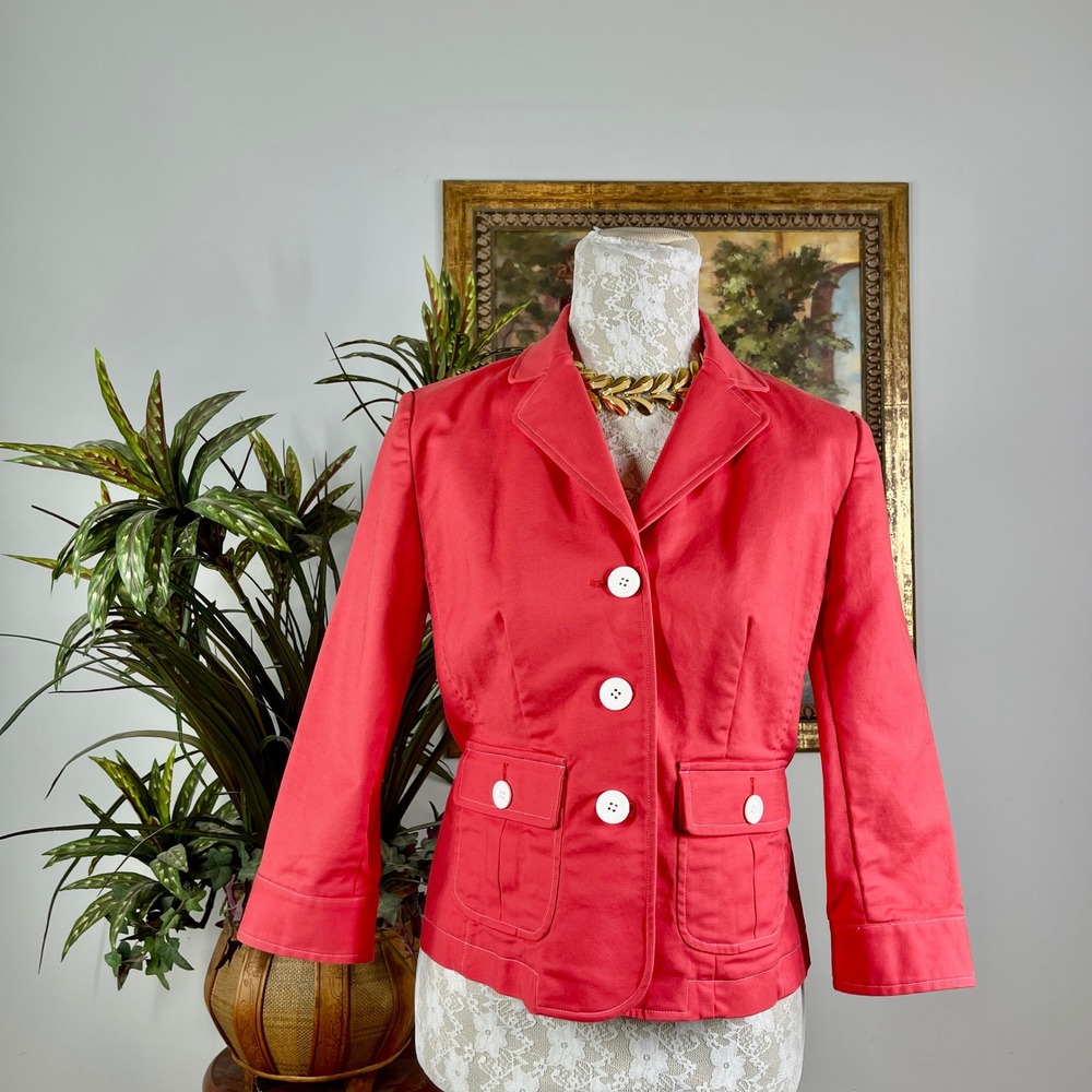 Peck & Peck Blazer Women 4 Coral Red Cotton Blend 3/4 Sleeve Contrast Stitch